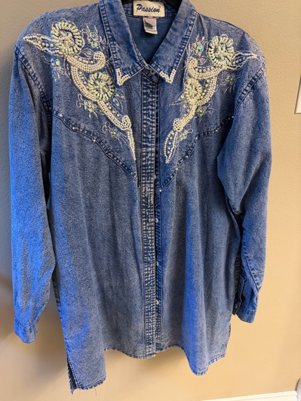 Vintage 80s/90s Passion Beaded Acid Wash Denim Shirt — Size S/M